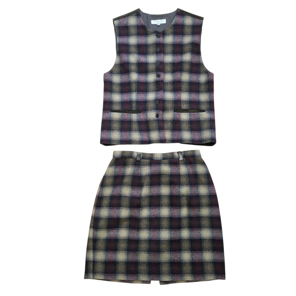 Vintage 2 Piece Green Plaid Wool Blend Vest And Skirt Set